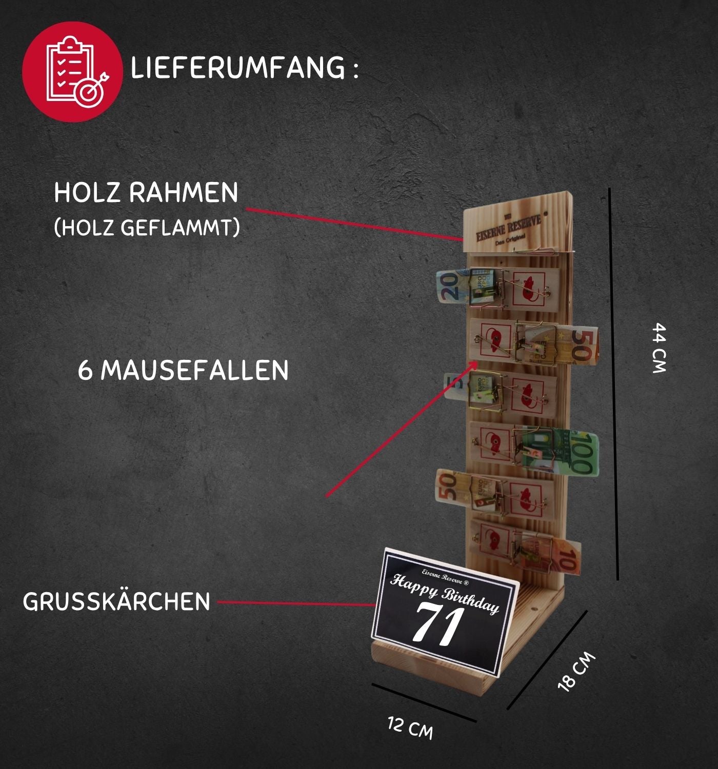 71 Happy Birthday - Eiserne Reserve Mausefalle Premium 6er Geldgeschenk 71. Geburtstag