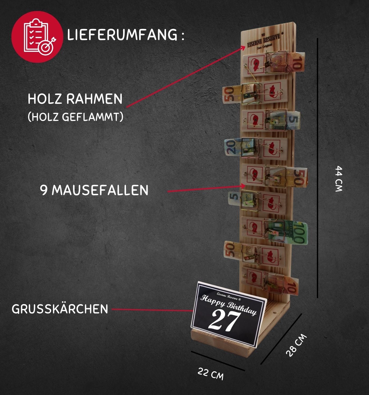 27 Happy Birthday - Eiserne Reserve Mausefalle Deluxe 9er Geldgeschenk 27. Geburtstag