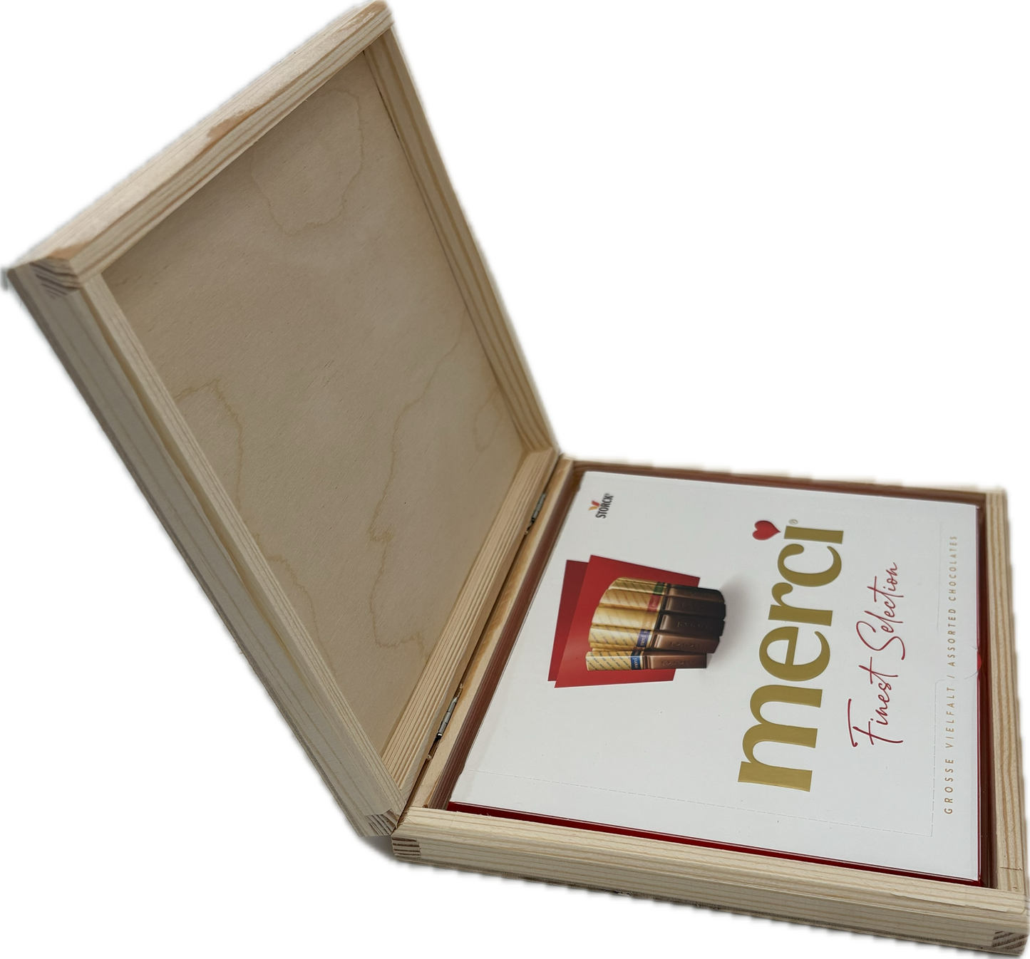 Holz Geschenkbox,Frohe Weihnachten" mit Gravur + Merci Schokolade Set Edle Holzbox mit Lasergravur Süßes Präsent für Familie, Freunde, Kollegen & Mitarbeiter Geschenk Weihnachten