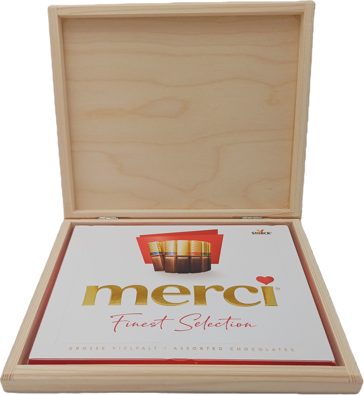 Holz Geschenkbox,Frohe Weihnachten" mit Gravur + Merci Schokolade Set Edle Holzbox mit Lasergravur Süßes Präsent für Familie, Freunde, Kollegen & Mitarbeiter Geschenk Weihnachten