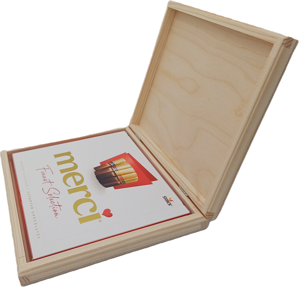 Holz Geschenkbox,Frohe Weihnachten" mit Gravur + Merci Schokolade Set Edle Holzbox mit Lasergravur Süßes Präsent für Familie, Freunde, Kollegen & Mitarbeiter Geschenk Weihnachten