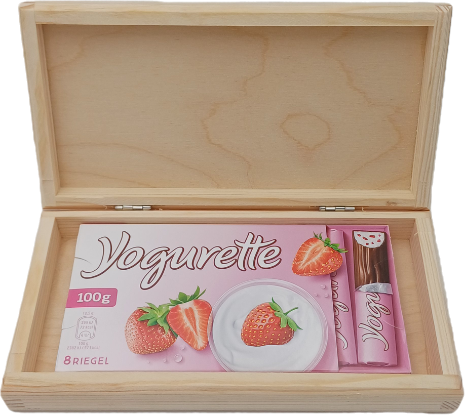 Holzbox mit Gravur, Nimm dir Zeit zum Genießen!" - Geschenkbox mit Yogurette - nachhaltige Geschenkidee aus Holz - Schokolade Geschenk für Freunde, Familie & Kollegen
