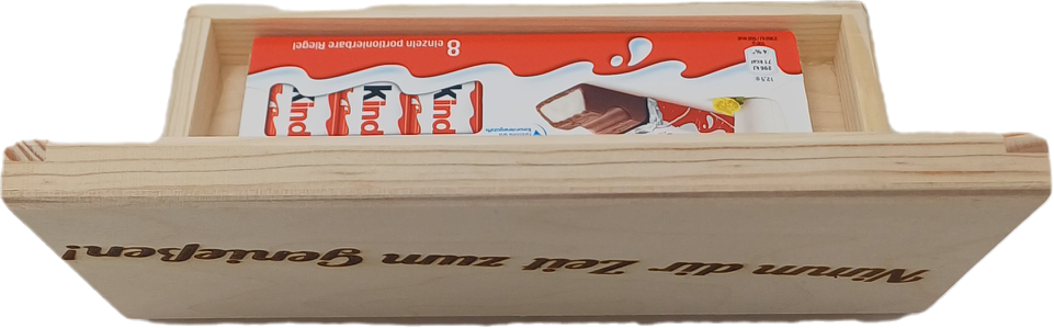Holzbox mit Gravur, Nimm dir Zeit zum Genießen!" - Geschenkbox mit Kinder Riegel - nachhaltige Geschenkidee aus Holz - Schokolade Geschenk für Freunde, Familie & Kollegen