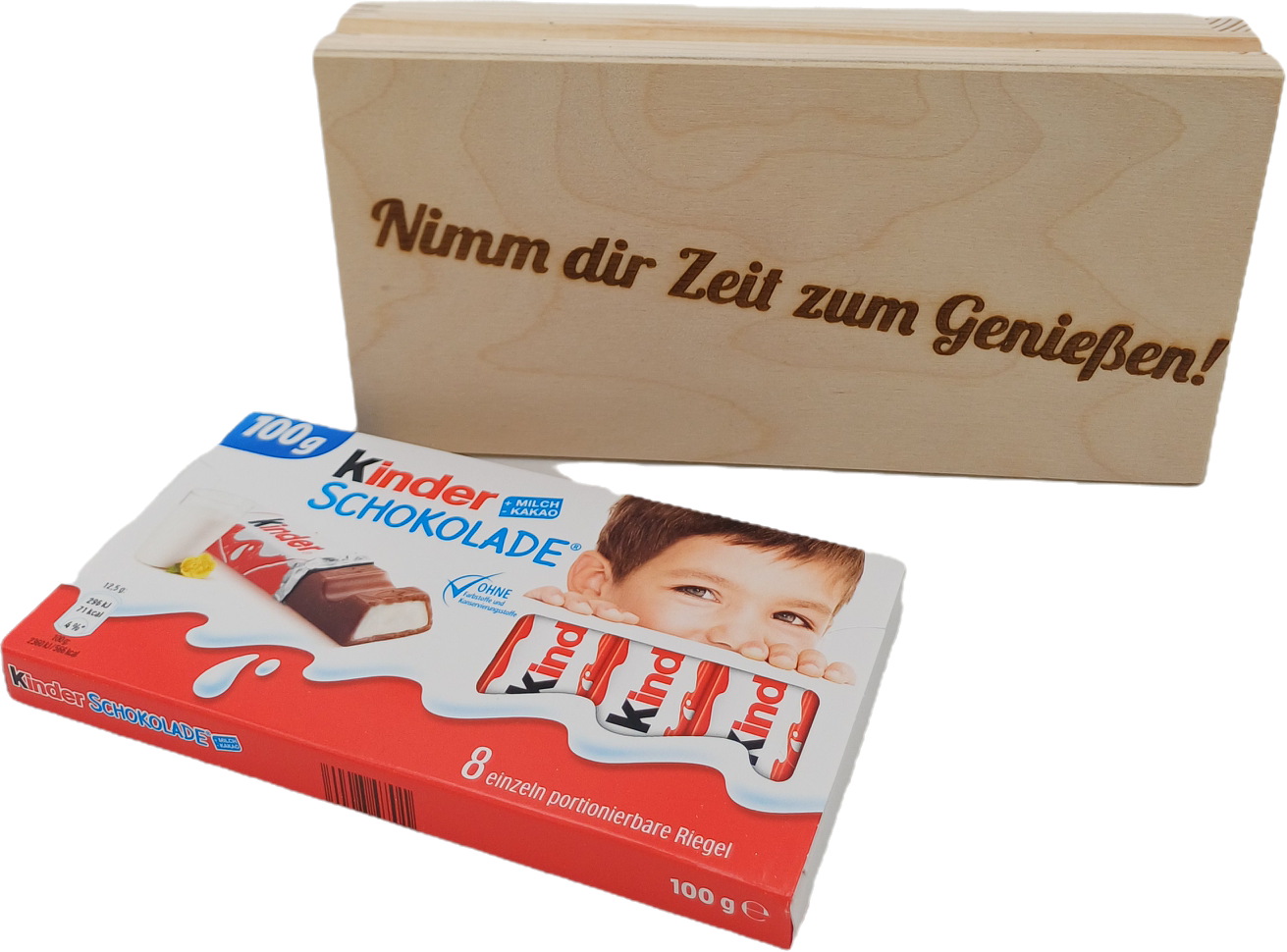 Holzbox mit Gravur, Nimm dir Zeit zum Genießen!" - Geschenkbox mit Kinder Riegel - nachhaltige Geschenkidee aus Holz - Schokolade Geschenk für Freunde, Familie & Kollegen