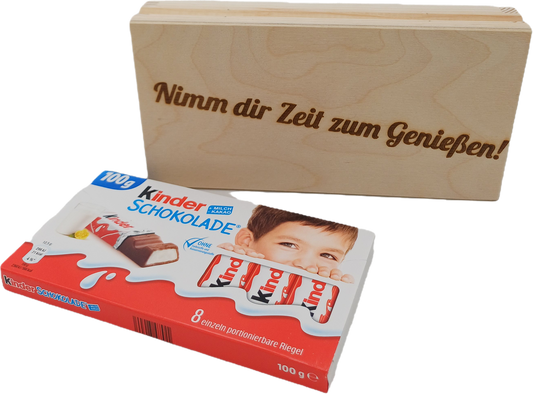 Holzbox mit Gravur, Nimm dir Zeit zum Genießen!" - Geschenkbox mit Kinder Riegel - nachhaltige Geschenkidee aus Holz - Schokolade Geschenk für Freunde, Familie & Kollegen