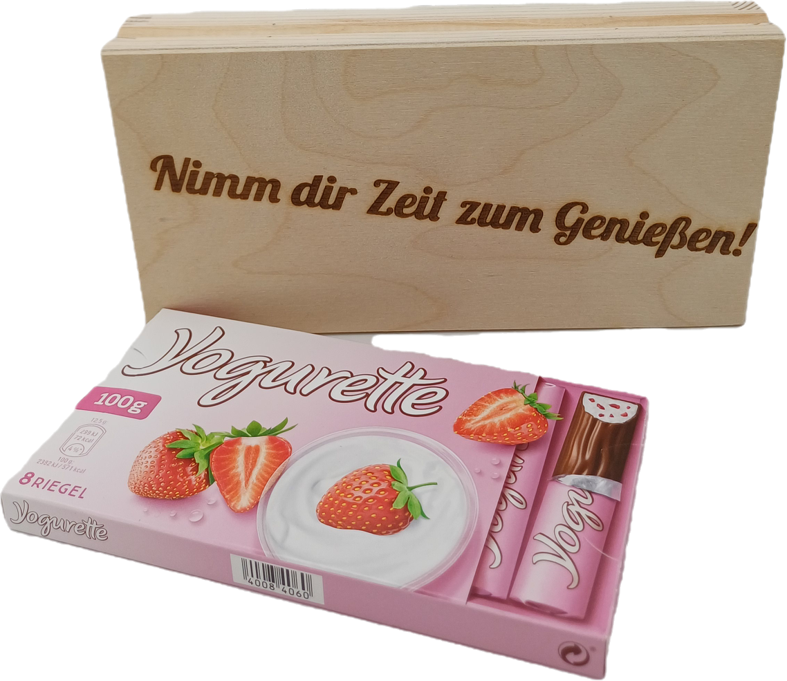 Holzbox mit Gravur, Nimm dir Zeit zum Genießen!" - Geschenkbox mit Yogurette - nachhaltige Geschenkidee aus Holz - Schokolade Geschenk für Freunde, Familie & Kollegen