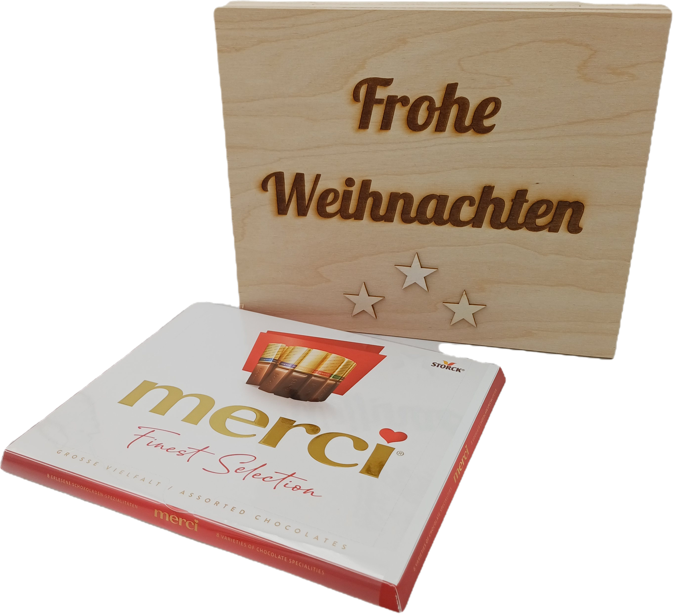 Holz Geschenkbox,Frohe Weihnachten" mit Gravur + Merci Schokolade Set Edle Holzbox mit Lasergravur Süßes Präsent für Familie, Freunde, Kollegen & Mitarbeiter Geschenk Weihnachten