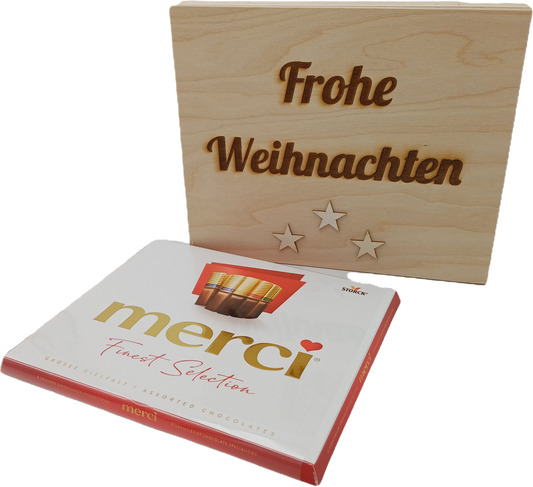 Holz Geschenkbox,Frohe Weihnachten" mit Gravur + Merci Schokolade Set Edle Holzbox mit Lasergravur Süßes Präsent für Familie, Freunde, Kollegen & Mitarbeiter Geschenk Weihnachten