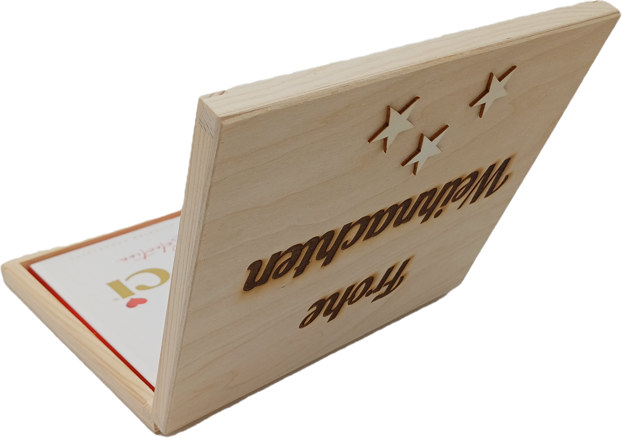 Holz Geschenkbox,Frohe Weihnachten" mit Gravur + Merci Schokolade Set Edle Holzbox mit Lasergravur Süßes Präsent für Familie, Freunde, Kollegen & Mitarbeiter Geschenk Weihnachten