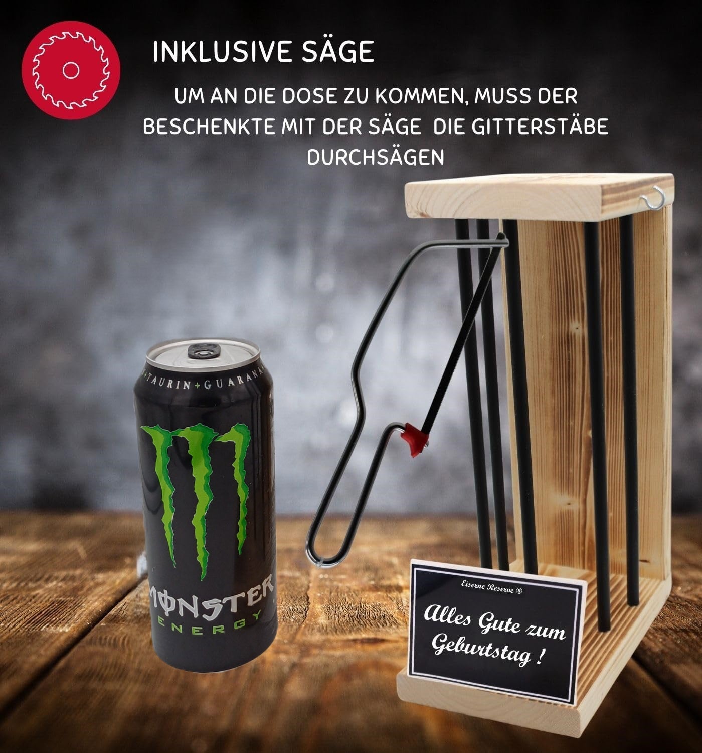 Monster Energy - Eiserne Reserve Black Edition - Alles Gute zum Geburtstag - incl. Säge zum zersägen der Stäbe - Die lustige Geschenkidee