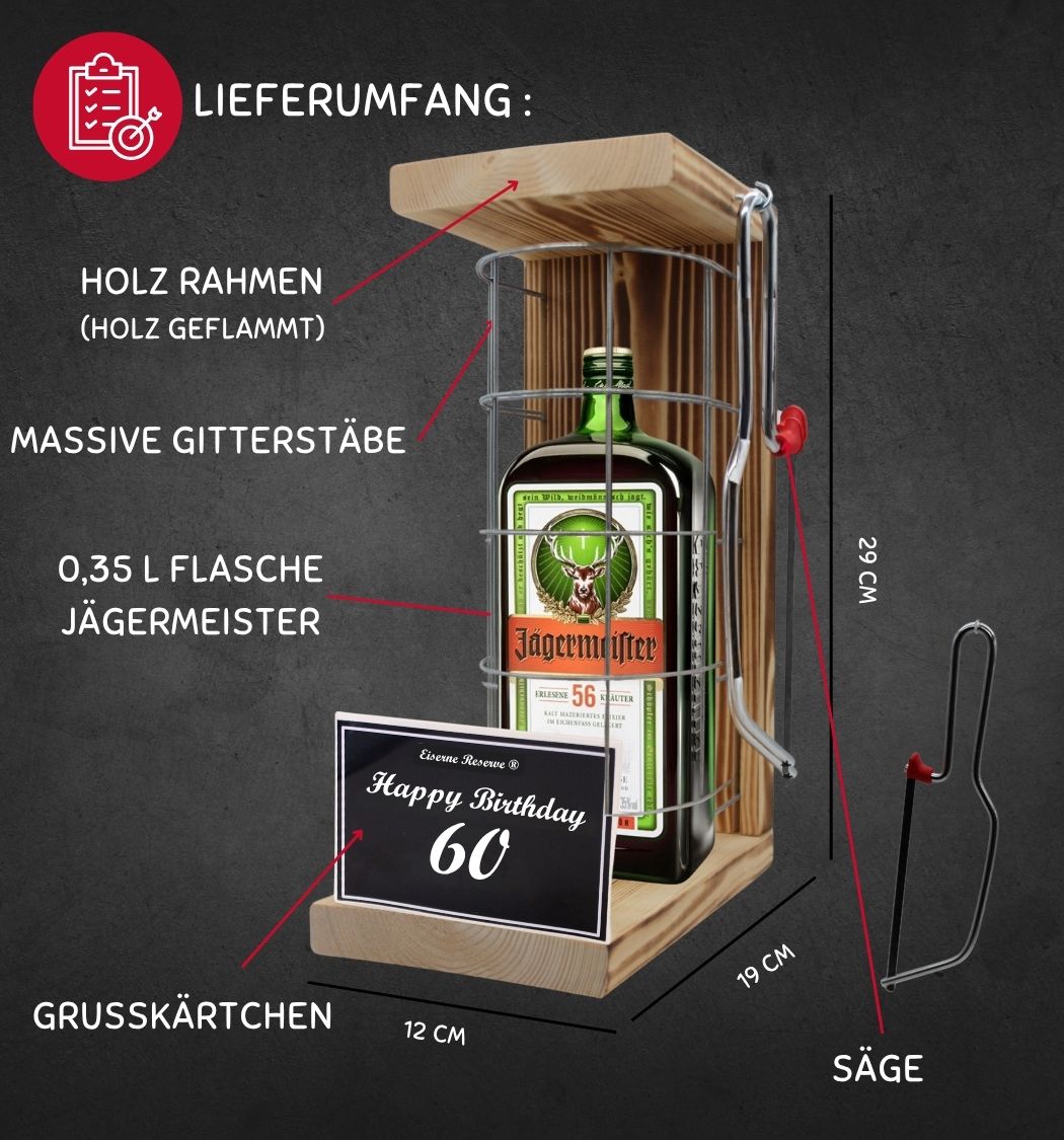 Jägermeister - 60 Happy Birthday - Eiserne Reserve Gitterkäfig Bier Geschenk 60. Geburtstag