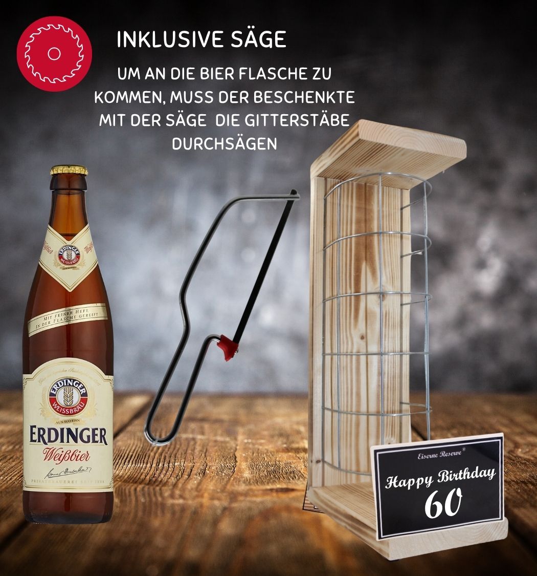 Erdinger Weißbier- 60 Happy Birthday - Eiserne Reserve Gitterkäfig Bier Geschenk 60. Geburtstag