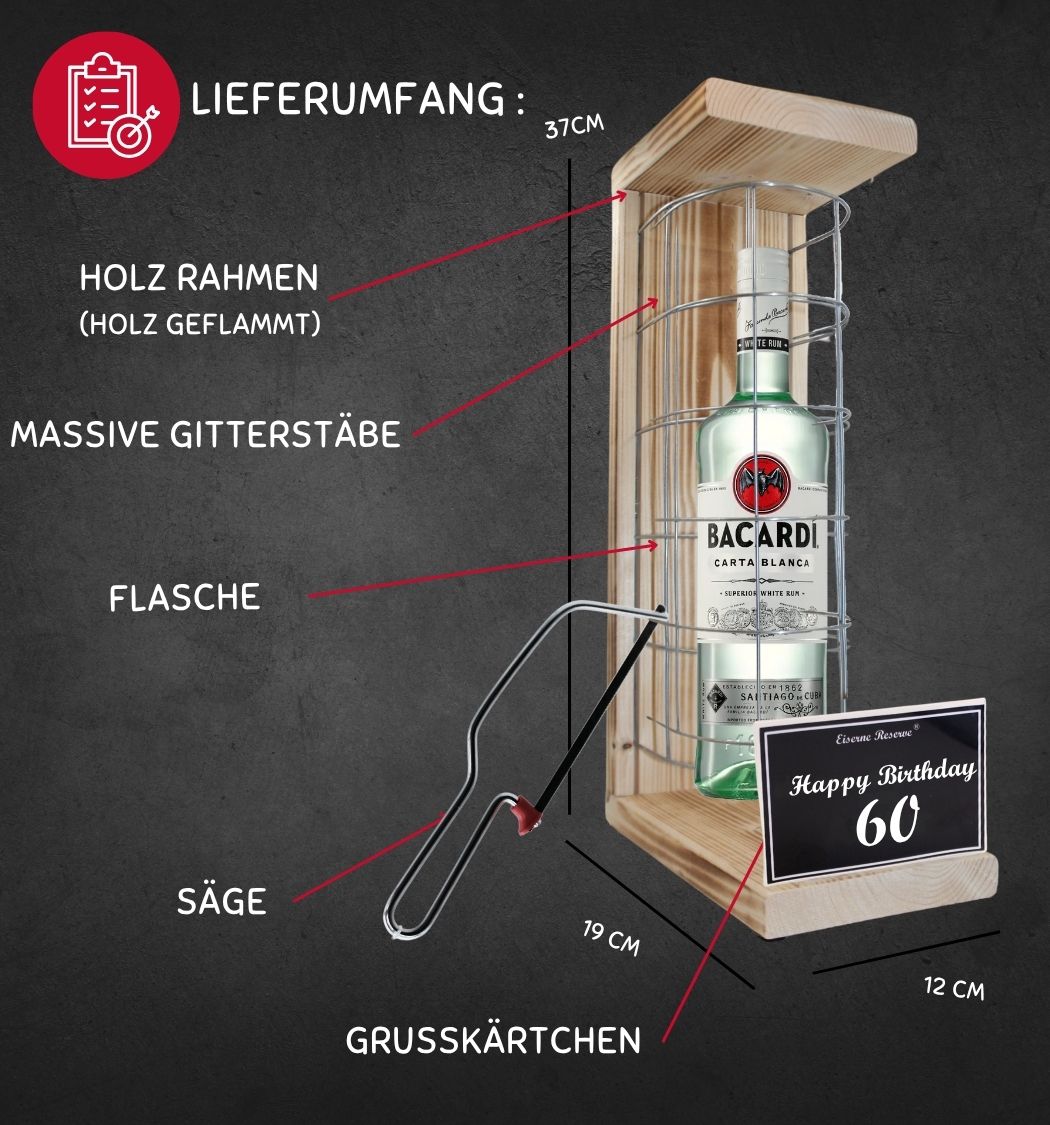 Bacardi - 60 Happy Birthday - Eiserne Reserve Gitterkäfig Geschenk 60. Geburtstag