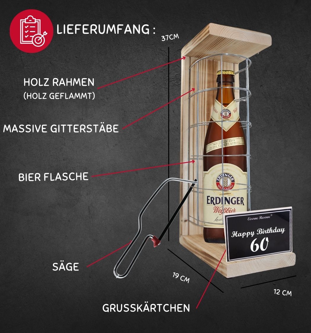 Erdinger Weißbier- 60 Happy Birthday - Eiserne Reserve Gitterkäfig Bier Geschenk 60. Geburtstag