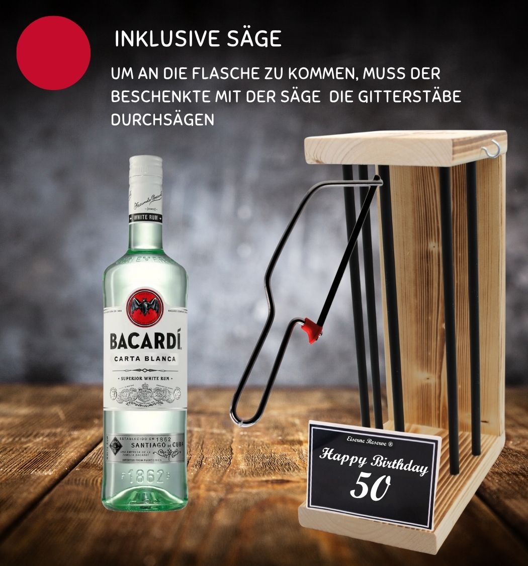 Bacardi - Happy Birthday 50 Geburtstag - Eiserne Reserve - Black Edition incl. Säge - Geburtstagsgeschenk