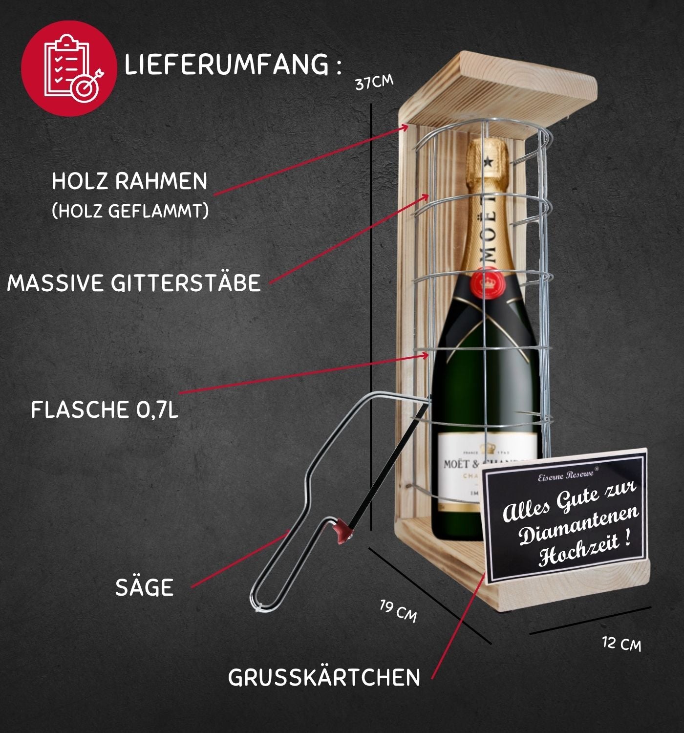 Moet -Alles Gute zur Diamantenen Hochzeit - Eiserne Reserve Gitterkäfig Geschenk zur Diamantenen Hochzeit