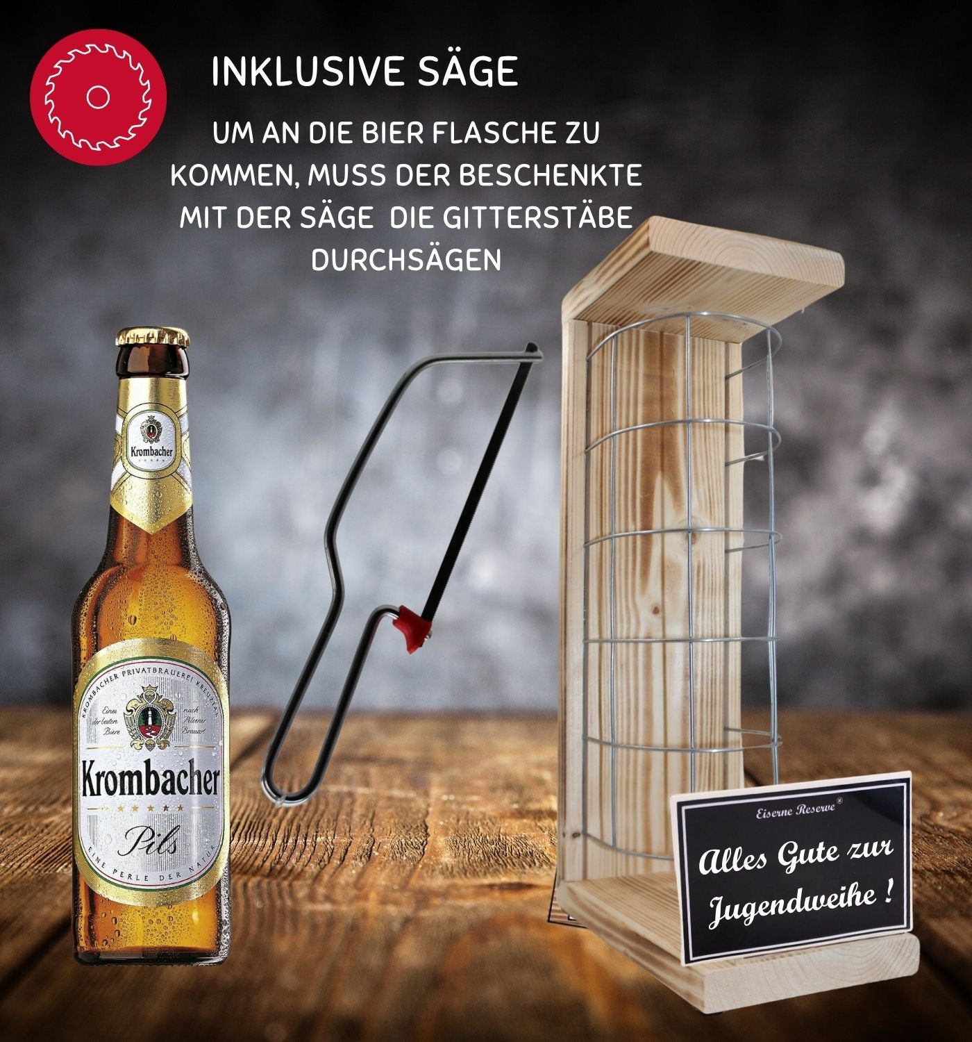 Krombacher Pils - Alles Gute zur Jugendweihe -Eiserne Reserve Gitterkäfig Bier Geschenk zur Jugendweihe