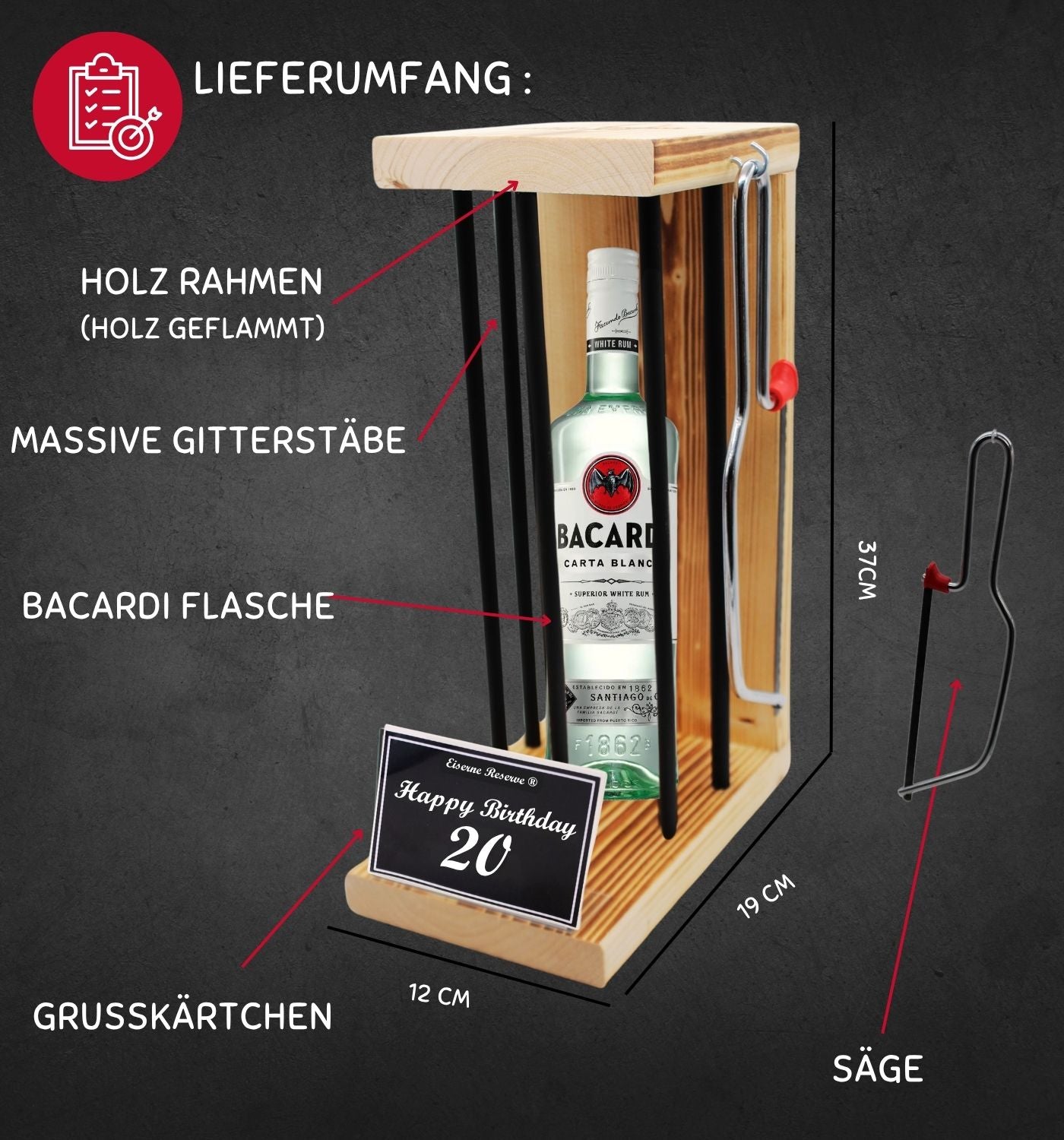 Bacardi - Happy Birthday 20 Geburtstag - Eiserne Reserve - Black Edition incl. Säge - Geburtstagsgeschenk
