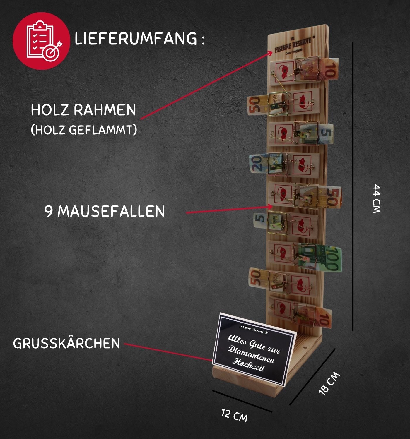 Alles Gute zur Diamantenen Hochzeit - Eiserne Reserve Mausefalle Deluxe - Geldgeschenk - Geld verschenken