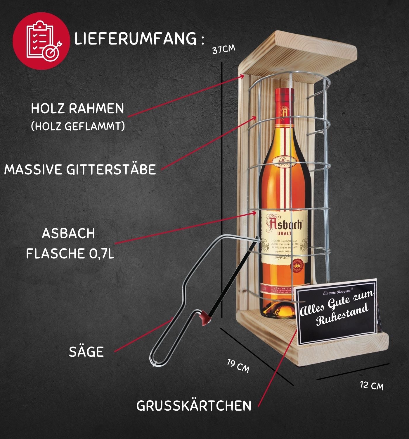 Asbach Uralt - Alles Gute zum wohlverdienten Ruhestand - Eiserne Reserve Gitterkäfig Geschenk zum Ruhestand