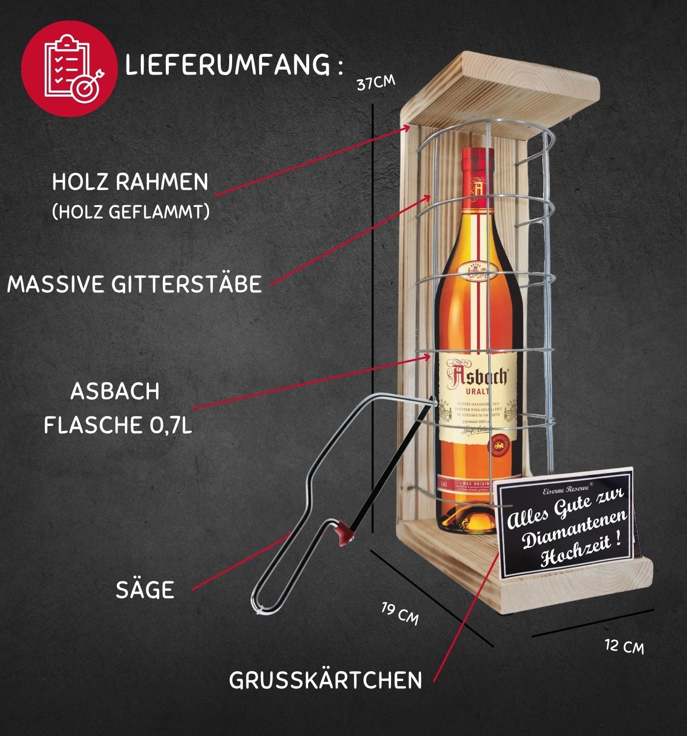 Asbach Uralt -Alles Gute zur Diamantenen Hochzeit - Eiserne Reserve Gitterkäfig Geschenk zur Diamantenen Hochzeit
