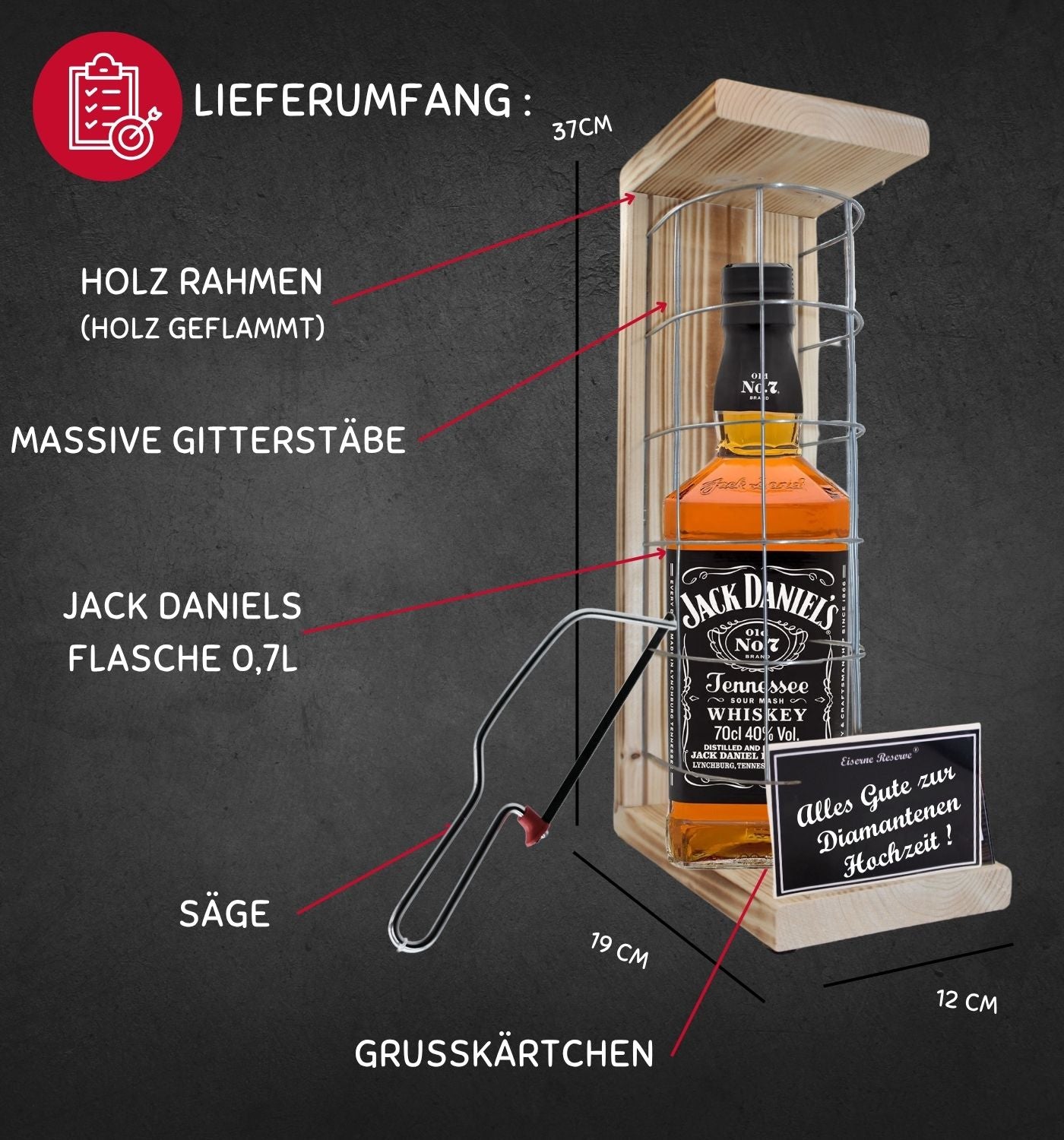 Jack Daniels -Alles Gute zur Diamantenen Hochzeit - Eiserne Reserve Gitterkäfig Geschenk zur Diamantenen Hochzeit