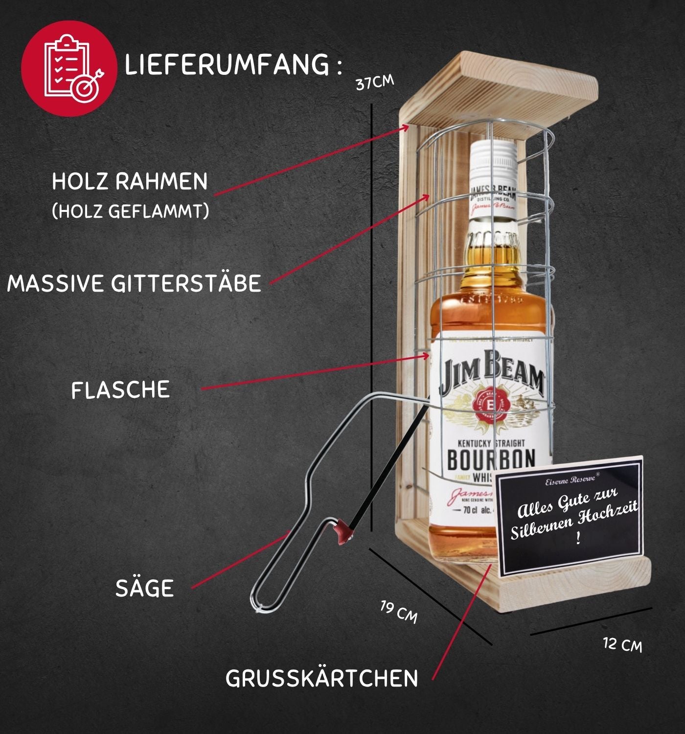 Jim Beam - Alles Gute zur Silbernen Hochzeit - Eiserne Reserve Gitterkäfig Geschenk zur Silbernen Hochzeit