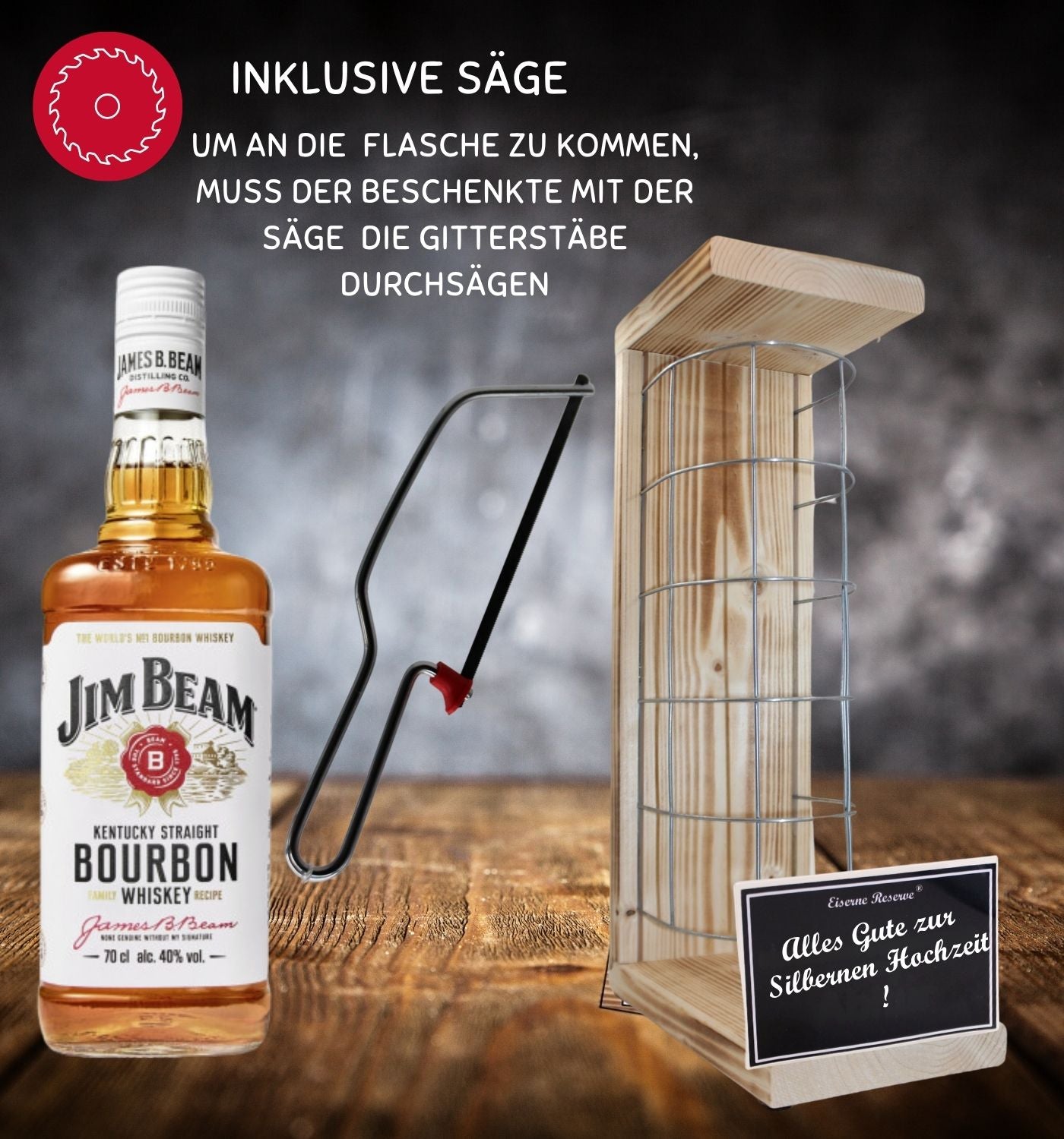 Jim Beam - Alles Gute zur Silbernen Hochzeit - Eiserne Reserve Gitterkäfig Geschenk zur Silbernen Hochzeit