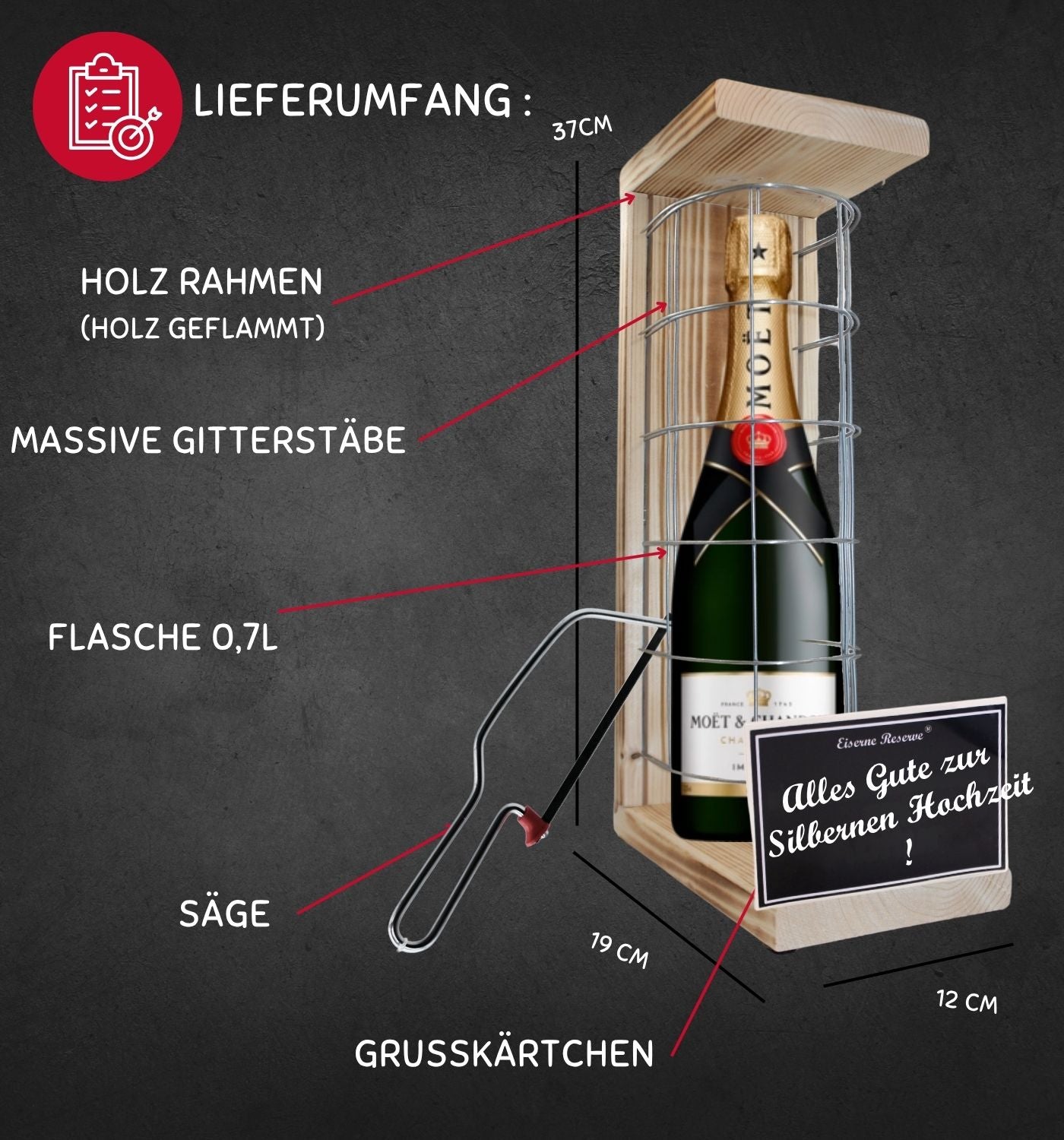 Moet - Alles Gute zur Silbernen Hochzeit - Eiserne Reserve Gitterkäfig Geschenk zur Silbernen Hochzeit