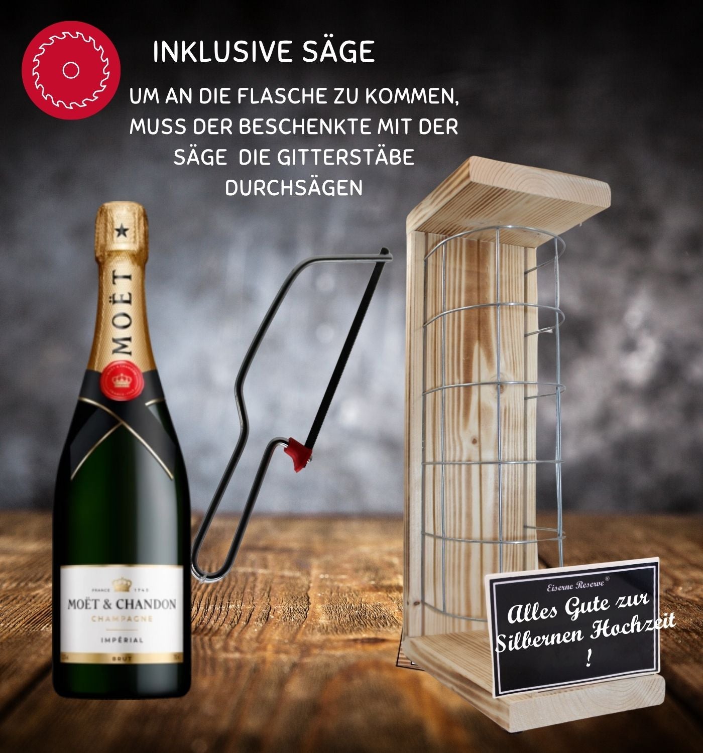 Moet - Alles Gute zur Silbernen Hochzeit - Eiserne Reserve Gitterkäfig Geschenk zur Silbernen Hochzeit