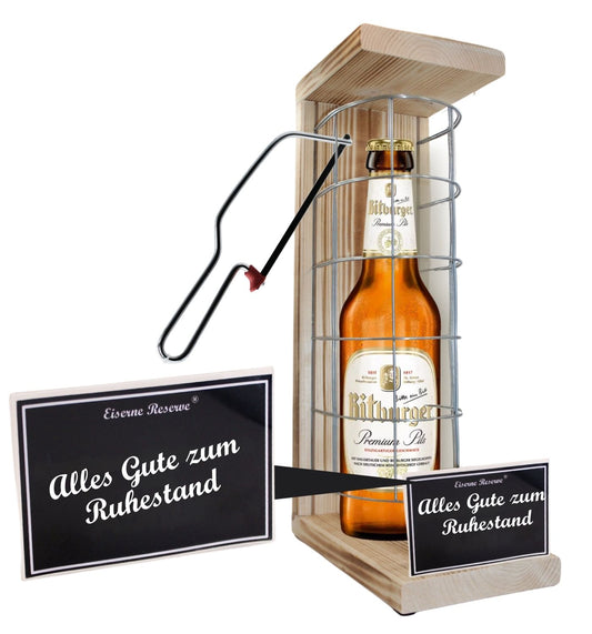Bitburger Pils - Alles Gute zum wohlverdienten Ruhestand - Eiserne Reserve Gitterkäfig Bier Geschenk zum Ruhestand