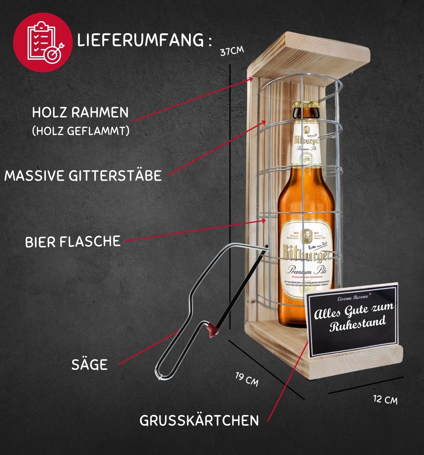 Bitburger Pils - Alles Gute zum wohlverdienten Ruhestand - Eiserne Reserve Gitterkäfig Bier Geschenk zum Ruhestand