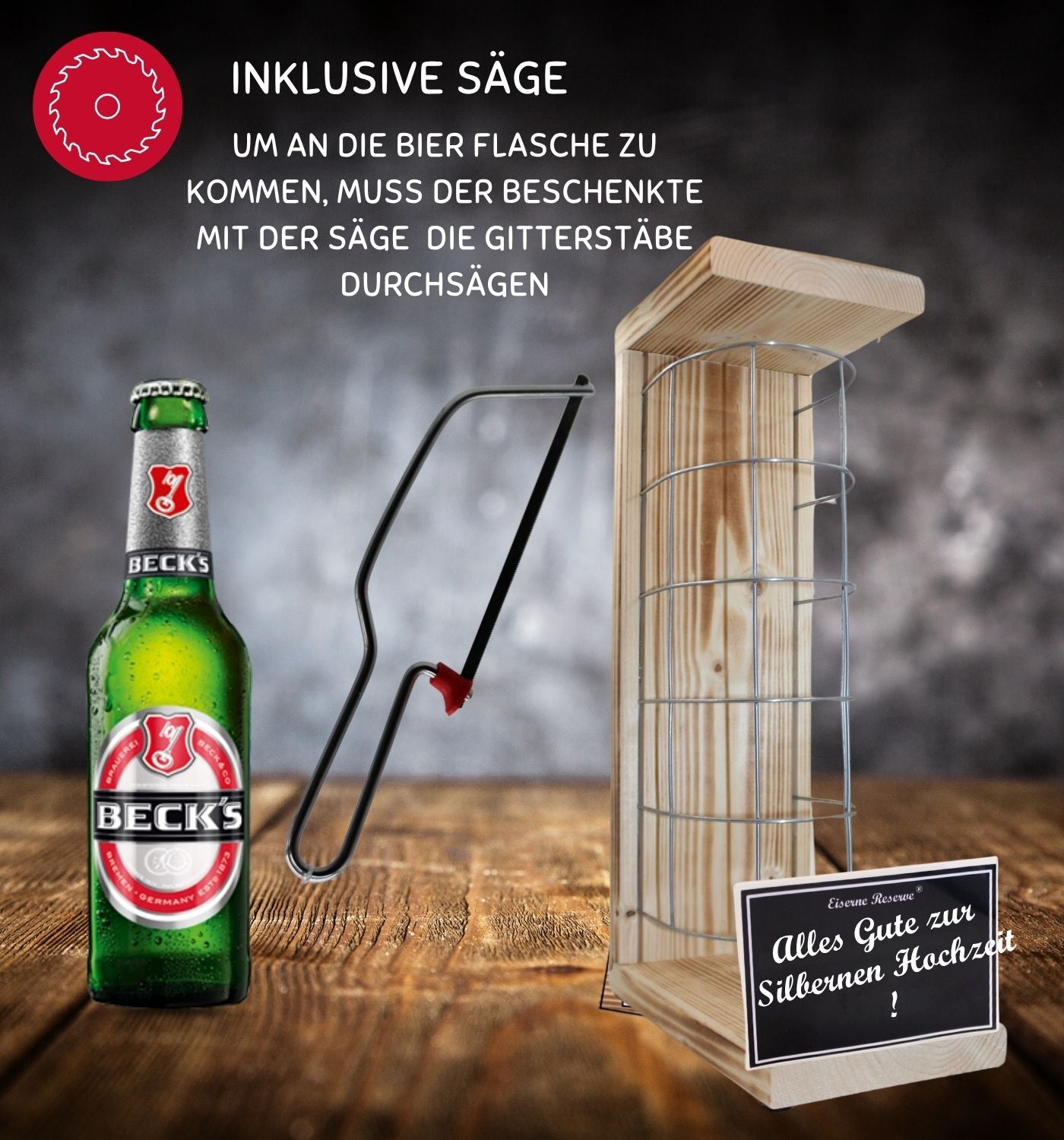 Becks Bier- Alles Gute zur Silbernen Hochzeit - Eiserne Reserve Gitterkäfig Bier Geschenk zur Silbernen Hochzeit