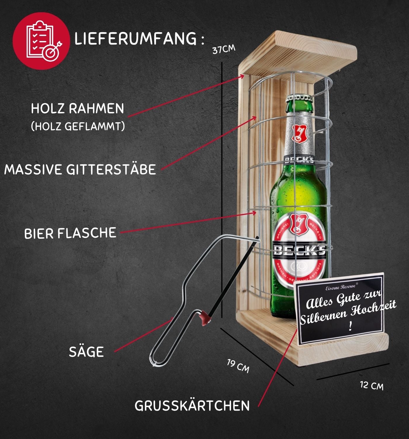 Becks Bier- Alles Gute zur Silbernen Hochzeit - Eiserne Reserve Gitterkäfig Bier Geschenk zur Silbernen Hochzeit