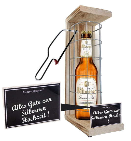 Bitburger Pils - Alles Gute zur Silbernen Hochzeit - Eiserne Reserve Gitterkäfig Bier Geschenk zur Silbernen Hochzeit