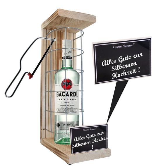 Bacardi - Alles Gute zur Silbernen Hochzeit - Eiserne Reserve Gitterkäfig Geschenk zur Silbernen Hochzeit