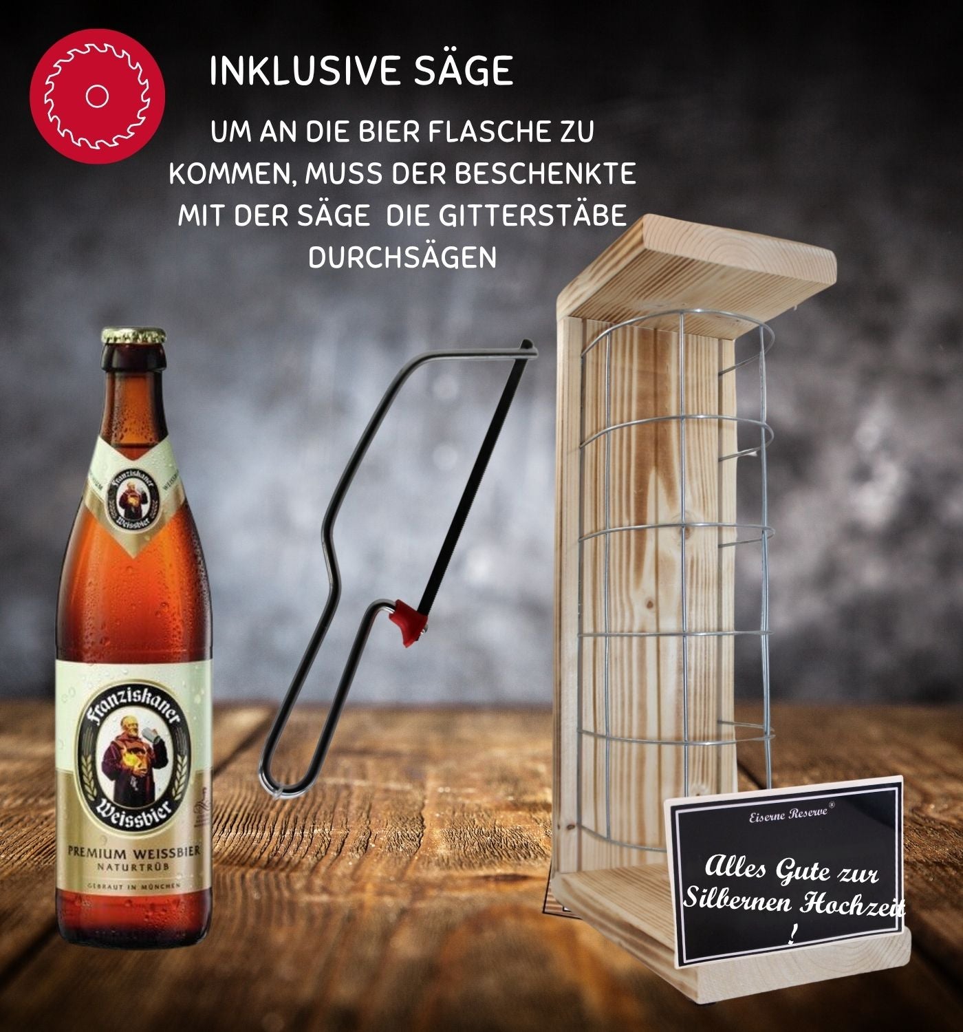 Franziskaner Weissbier- Alles Gute zur Silbernen Hochzeit - Eiserne Reserve Gitterkäfig Bier Geschenk zur Silbernen Hochzeit