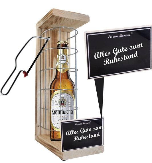 Krombacher Pils - Alles Gute zum wohlverdienten Ruhestand - Eiserne Reserve Gitterkäfig Bier Geschenk zum Ruhestand