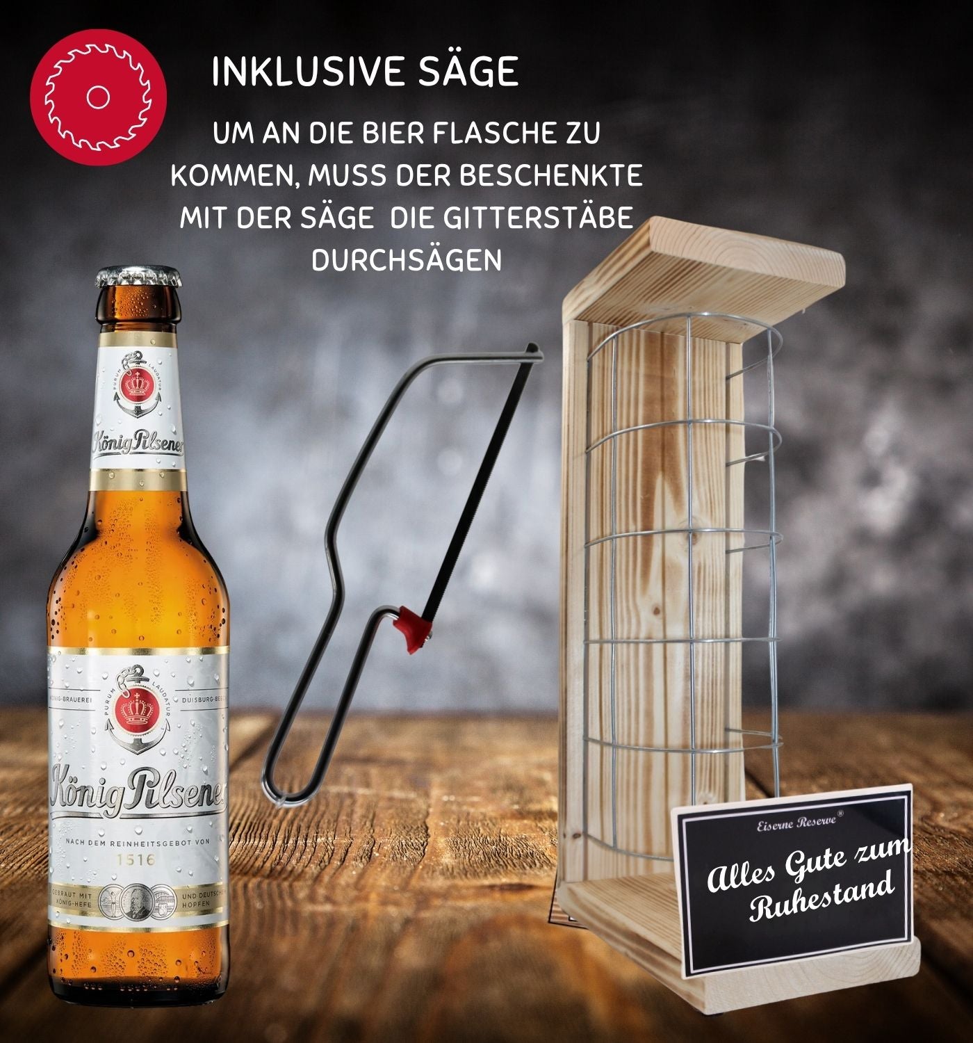 König Pilsener - Alles Gute zum wohlverdienten Ruhestand - Eiserne Reserve Gitterkäfig Bier Geschenk zum Ruhestand