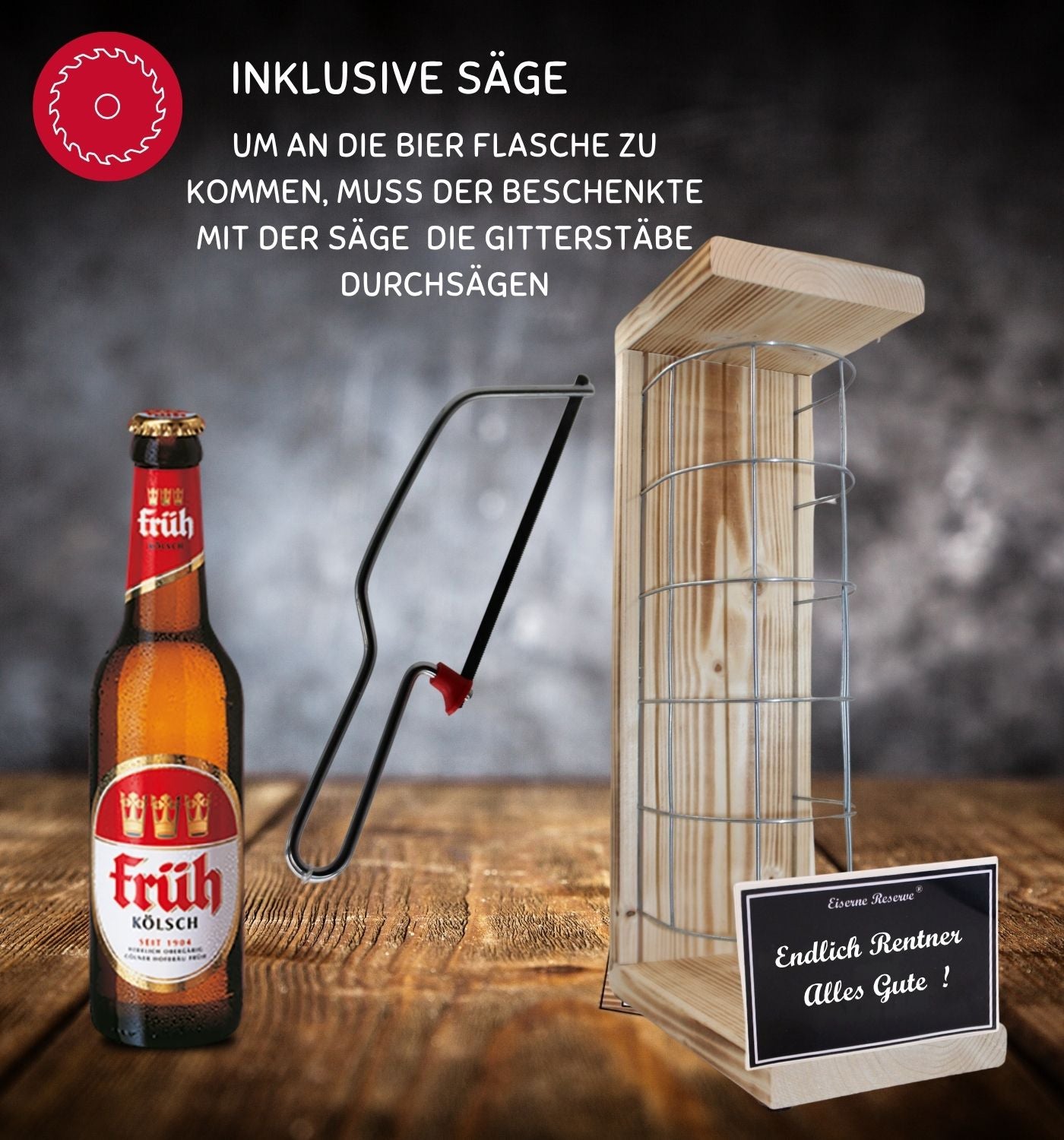 Früh Kölsch- Endlich Rentner Alles Gute - Eiserne Reserve Gitterkäfig Bier Geschenk zum Ruhestand