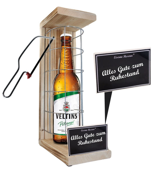 Veltins Pilsener - Alles Gute zum wohlverdienten Ruhestand - Eiserne Reserve Gitterkäfig Bier Geschenk zum Ruhestand