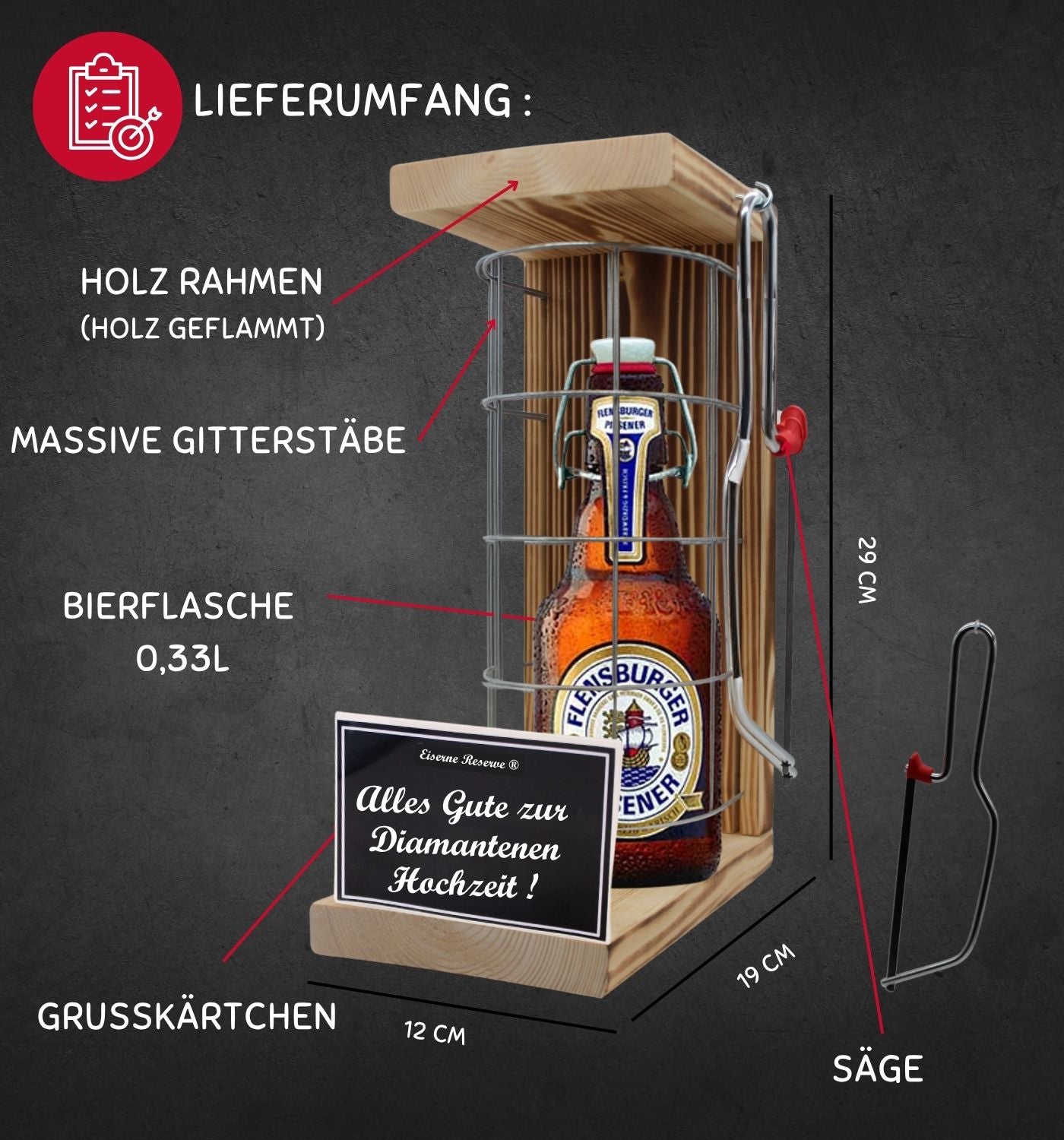 Flensburger Pilsener -Alles Gute zur Diamantenen Hochzeit - Eiserne Reserve Gitterkäfig Bier Geschenk zur Diamantenen Hochzeit