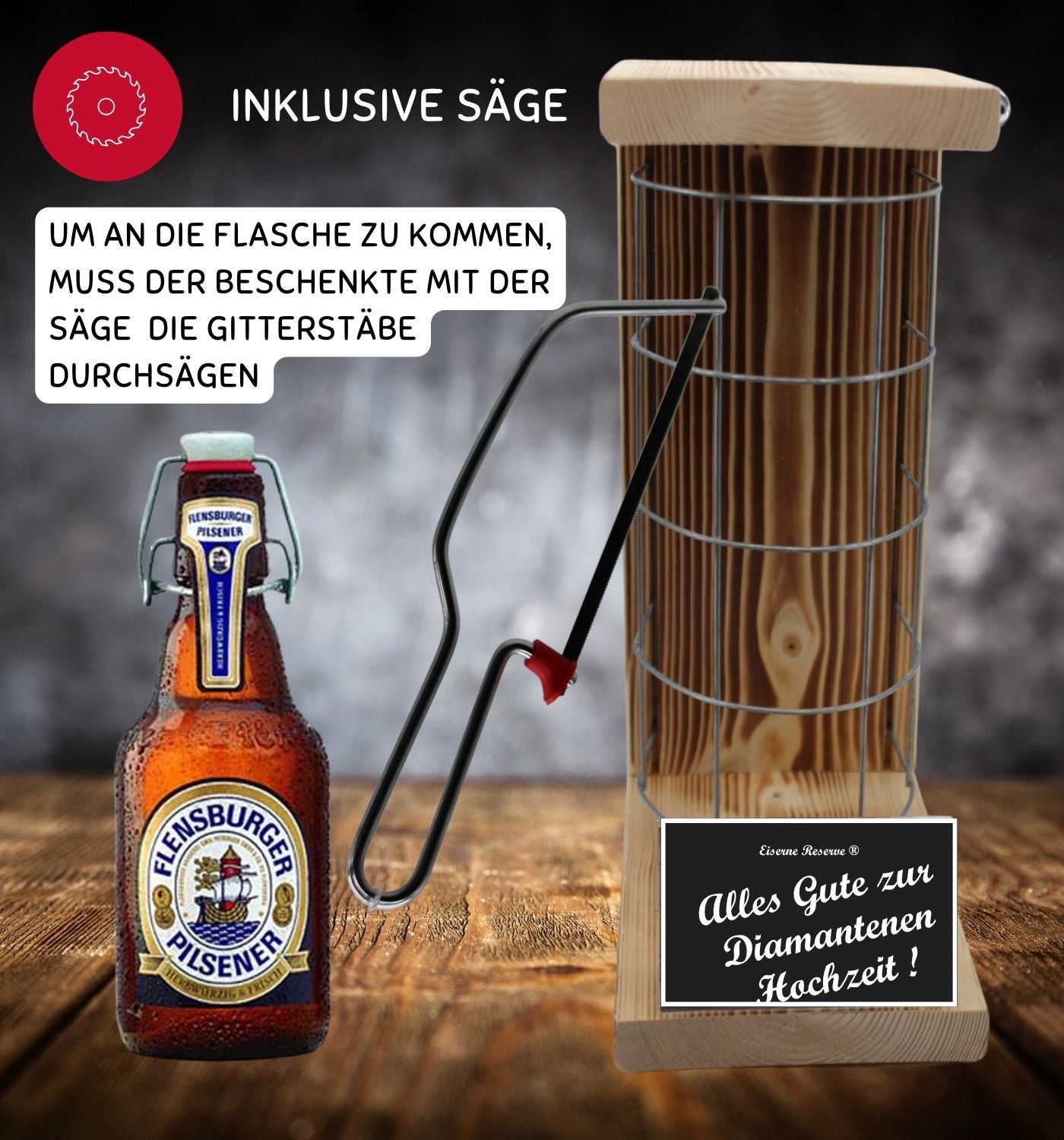 Flensburger Pilsener -Alles Gute zur Diamantenen Hochzeit - Eiserne Reserve Gitterkäfig Bier Geschenk zur Diamantenen Hochzeit