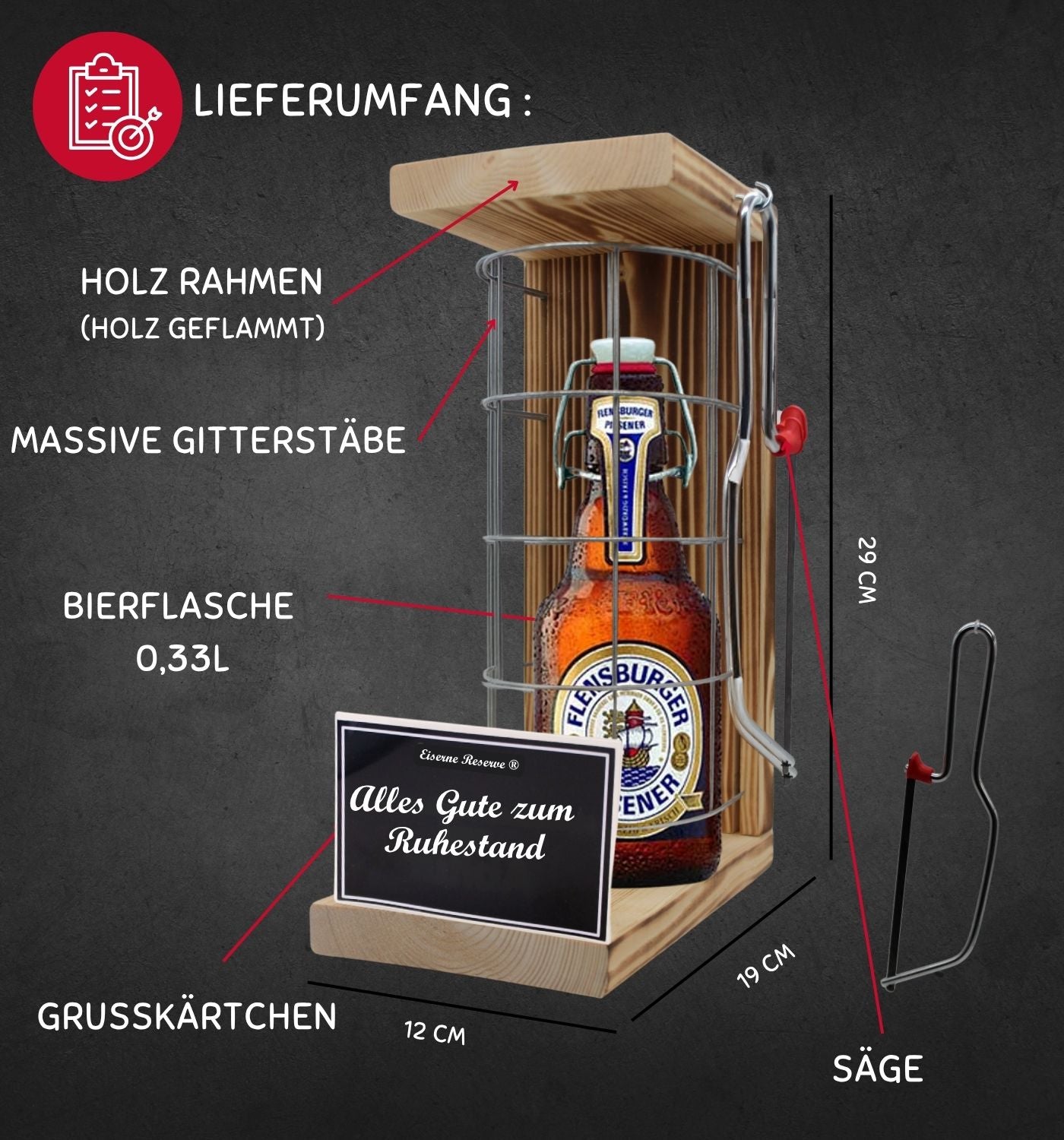 Flensburger Pilsener - Alles Gute zum wohlverdienten Ruhestand - Eiserne Reserve Gitterkäfig Bier Geschenk zum Ruhestand