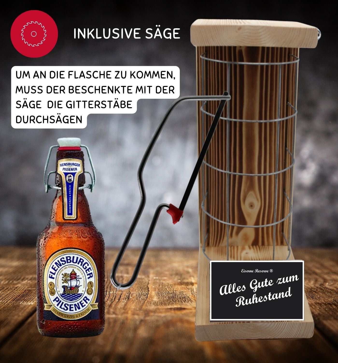 Flensburger Pilsener - Alles Gute zum wohlverdienten Ruhestand - Eiserne Reserve Gitterkäfig Bier Geschenk zum Ruhestand