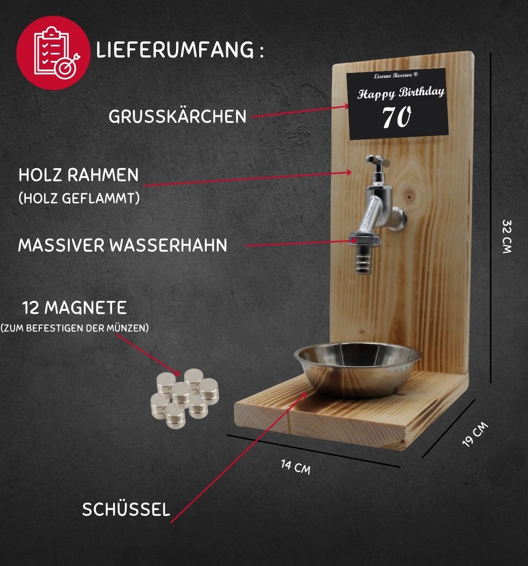 Happy Birthday 70 - Eiserne Reserve Geldhahn - Geburtstag Geldgeschenk - Geld verschenken