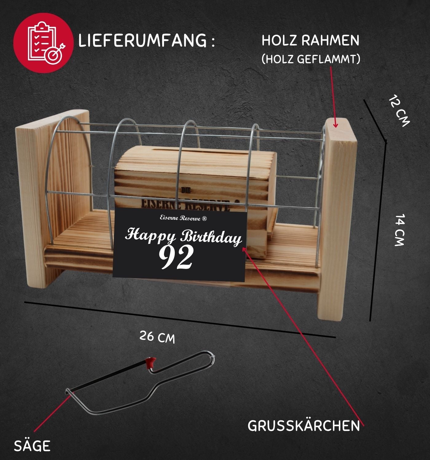 92 Happy Birthday - Eiserne Reserve Gitterbox Geldgeschenk 92. Geburtstag