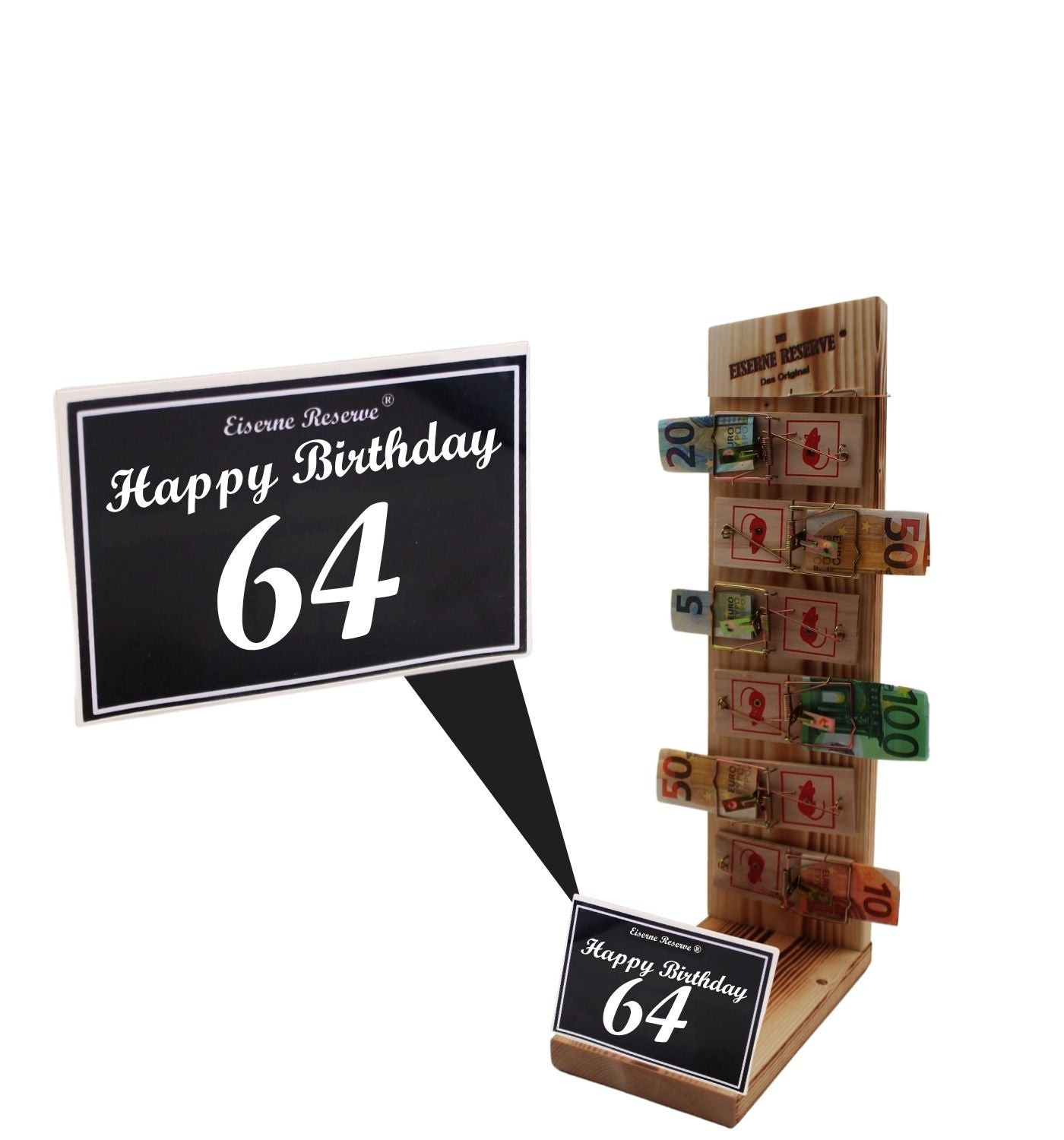 64 Happy Birthday - Eiserne Reserve Mausefalle Premium 6er Geldgeschenk 64. Geburtstag