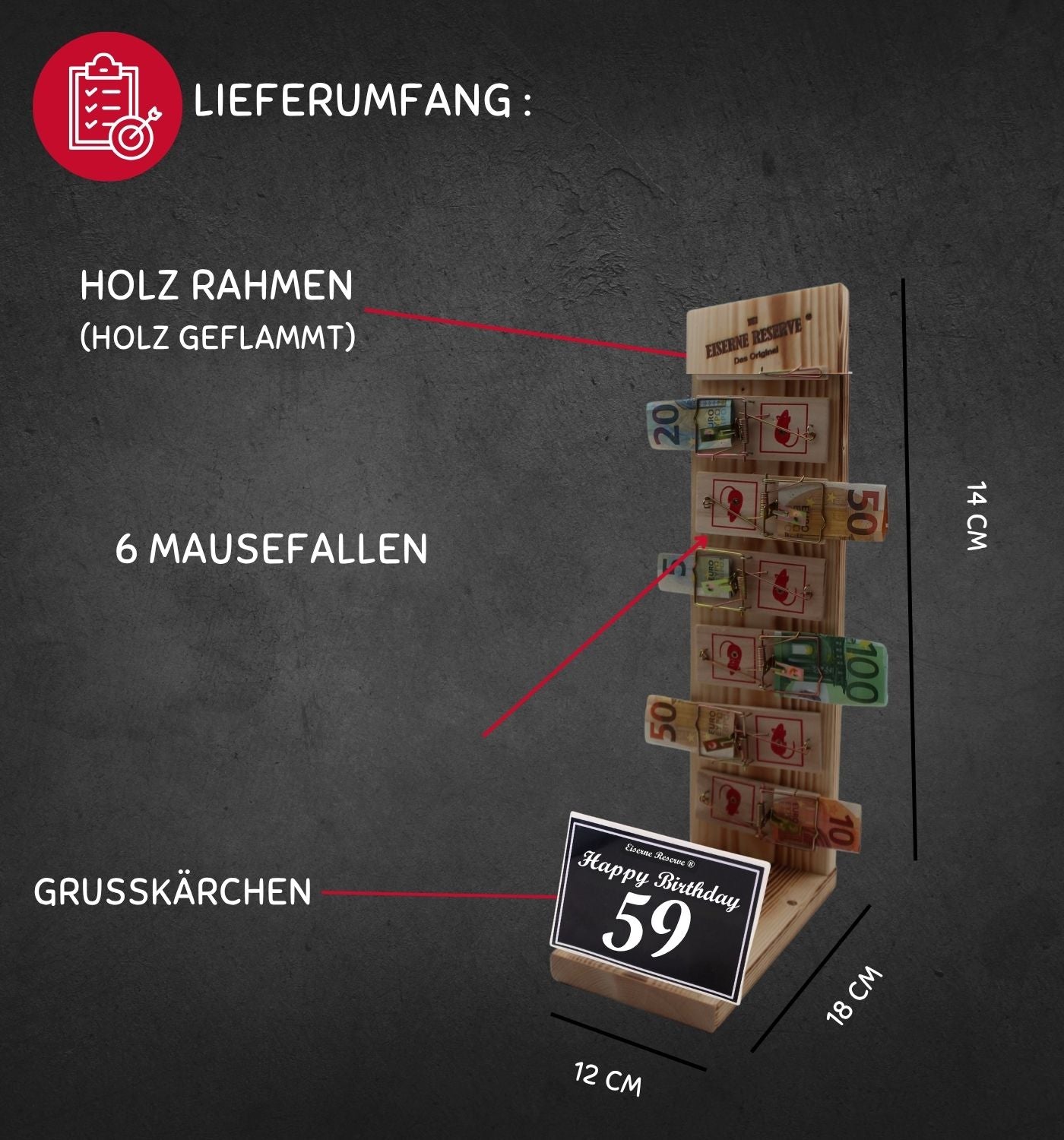 59 Happy Birthday - Eiserne Reserve Mausefalle Premium 6er Geldgeschenk 59. Geburtstag