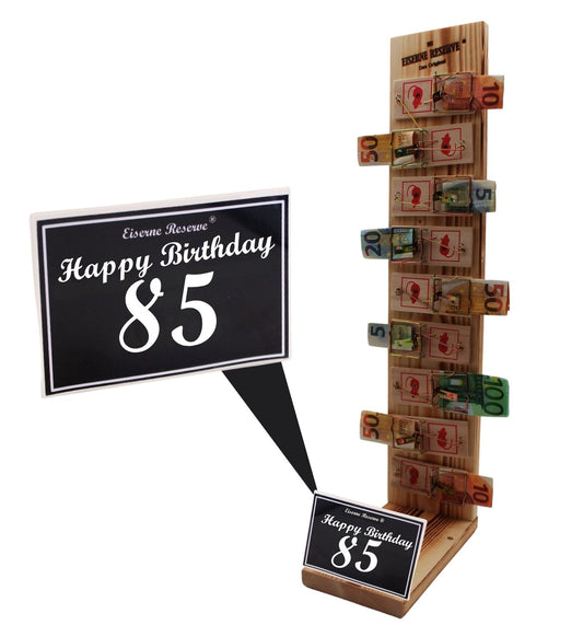 85 Happy Birthday - Eiserne Reserve Mausefalle Deluxe 9er Geldgeschenk 85. Geburtstag